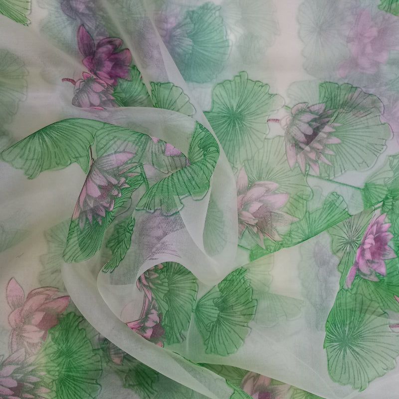 Off-White Floral Printed Organza Fabric