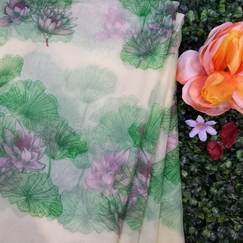 Off-White Floral Printed Organza Fabric