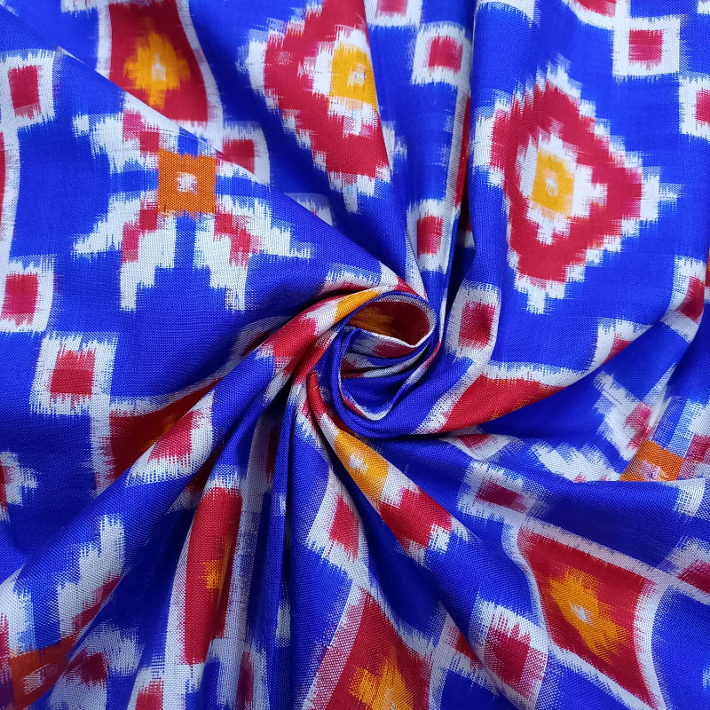 Shades Of Blue And Red Colour Ikat Silk Fabric