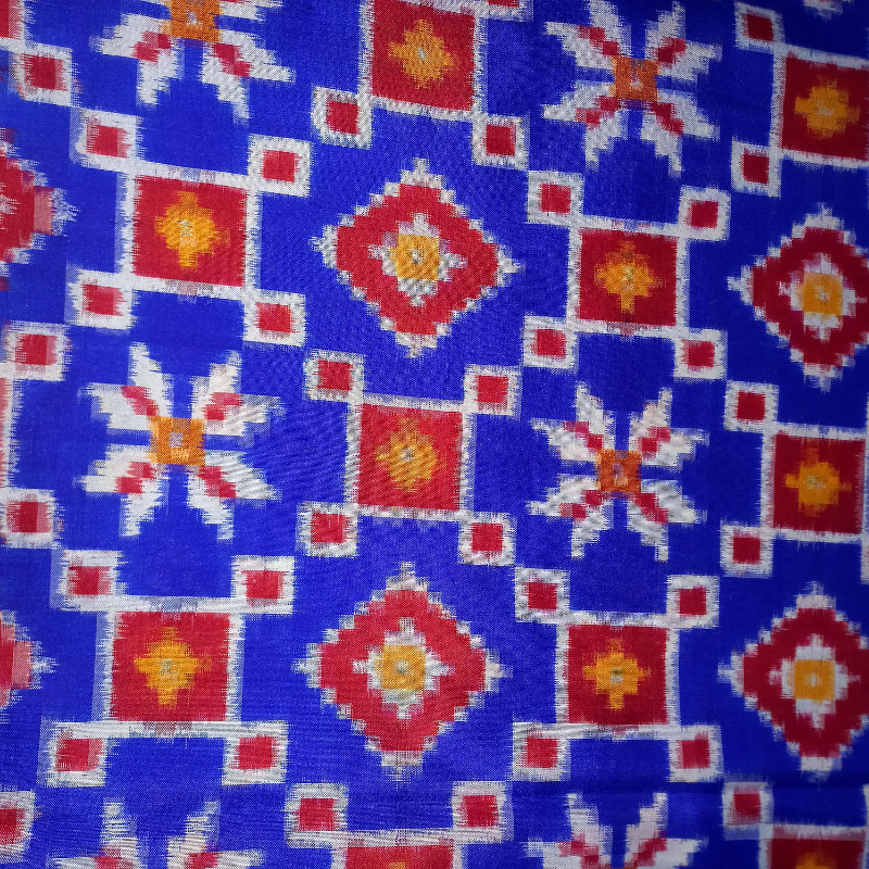 Shades Of Blue And Red Colour Ikat Silk Fabric