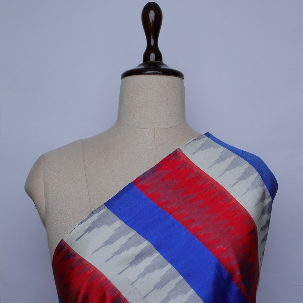 Multi Colour Silk Fabric With Ikkat Weave Stripes Pattern