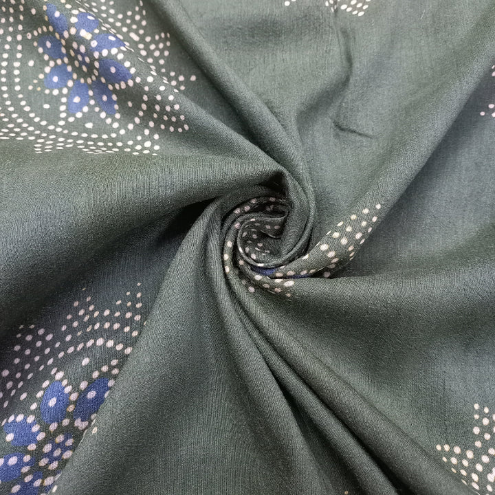 Hunter Green Color Printed Muga Tussar Silk Fabric