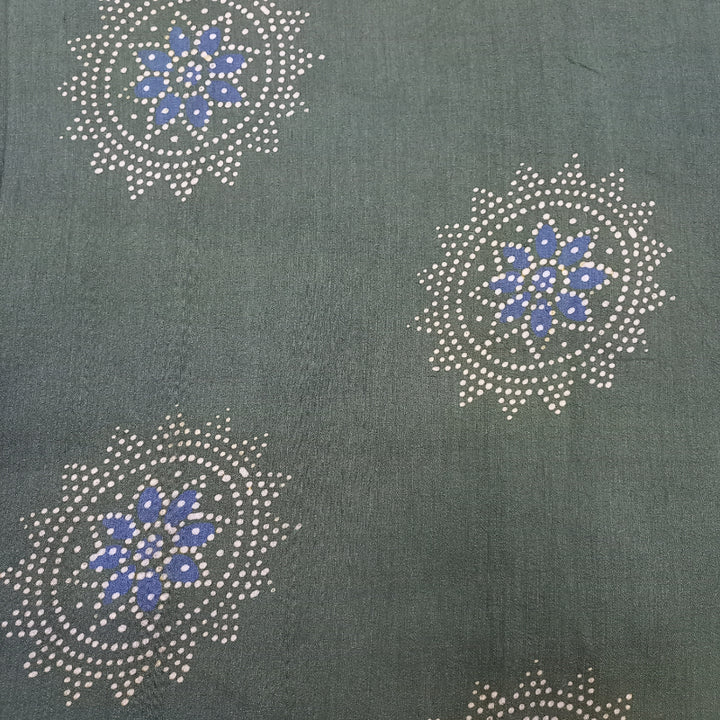 Hunter Green Color Printed Muga Tussar Silk Fabric