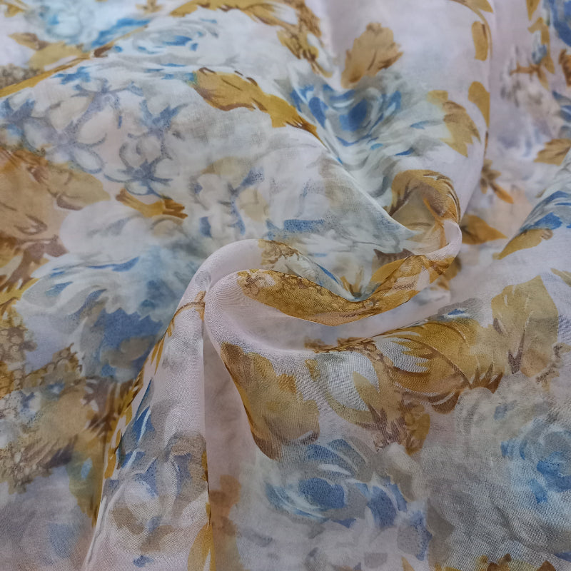 Off-White Color Floral Printed Organza Fabric