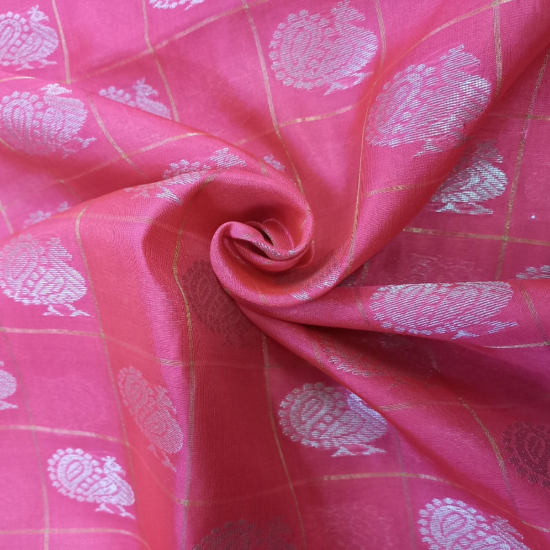 Onion Pink Colour Silk Fabric With Peacock Buttas