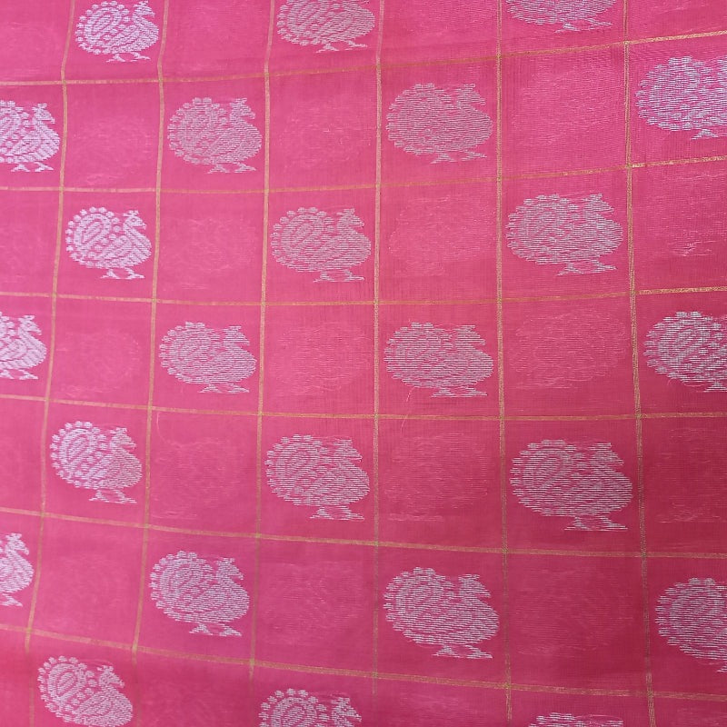 Onion Pink Colour Silk Fabric With Peacock Buttas