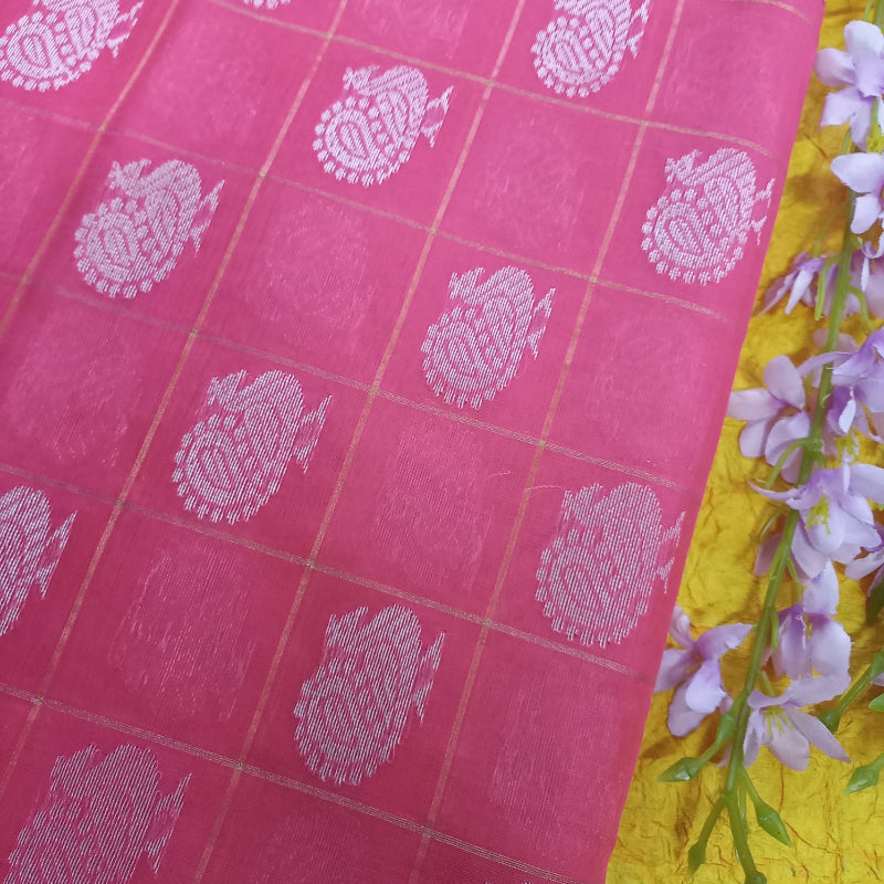 Onion Pink Colour Silk Fabric With Peacock Buttas