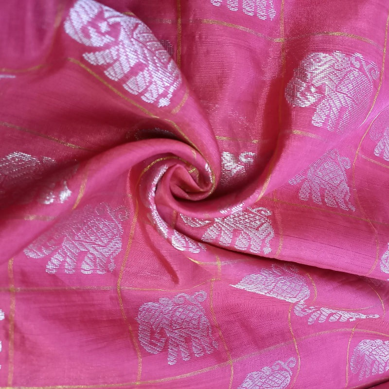 Onion Pink Colour Silk Fabric With Elephant Buttas