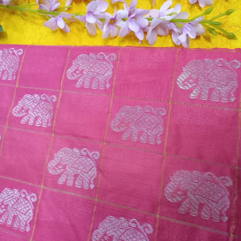 Onion Pink Colour Silk Fabric With Elephant Buttas