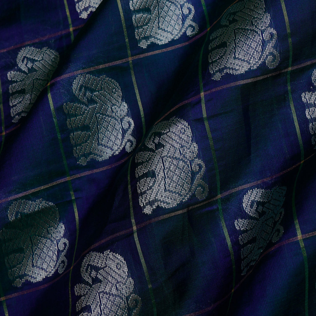 Dark Blue Color Silk Fabric With Elephant Motifs