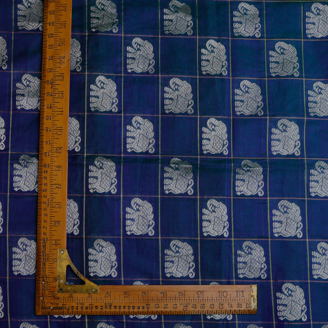 Dark Blue Color Silk Fabric With Elephant Motifs