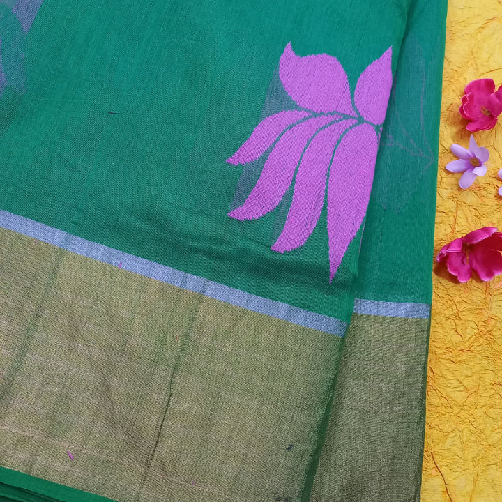 Green Color Chanderi  Fabric With Lotus Motifs