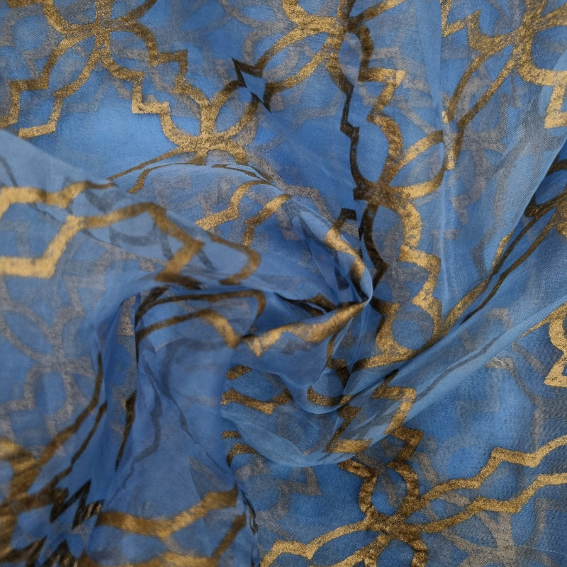 Blue Foil Printed Organza Fabric