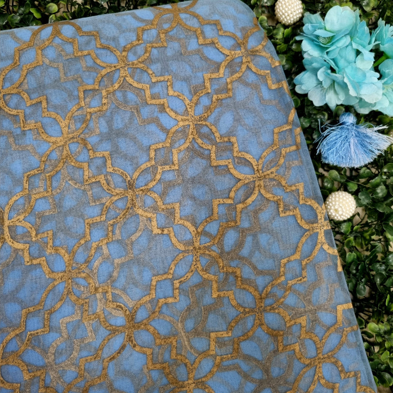 Blue Foil Printed Organza Fabric