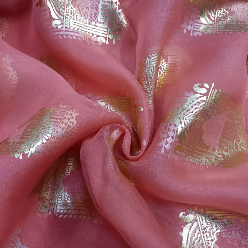Bubble Gum Pink Color Foil Printed Organza Fabric