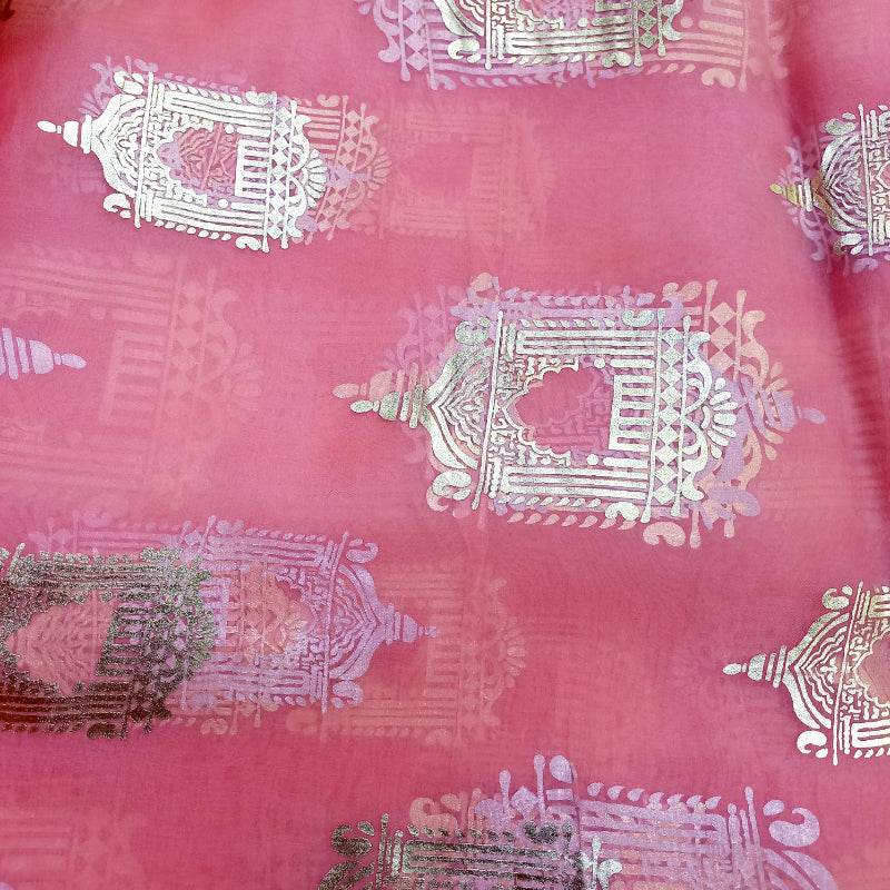 Bubble Gum Pink Color Foil Printed Organza Fabric