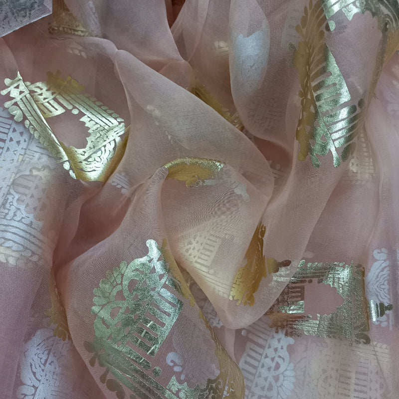 Peach Foil Printed Organza Fabric