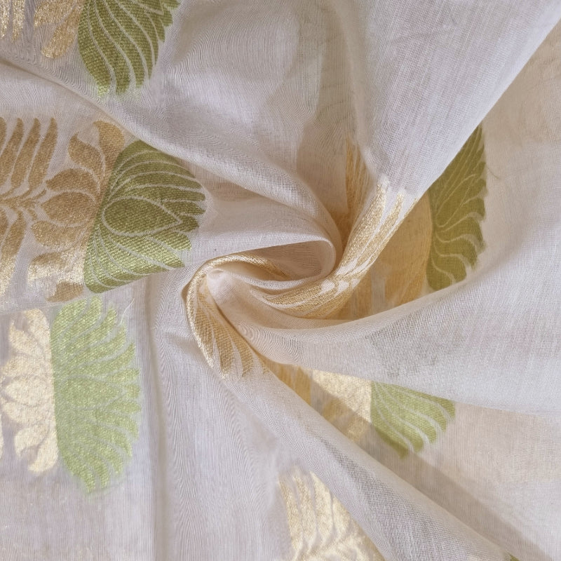 Cloud White Colour Chanderi Fabric With Moss Green Floral Motifs