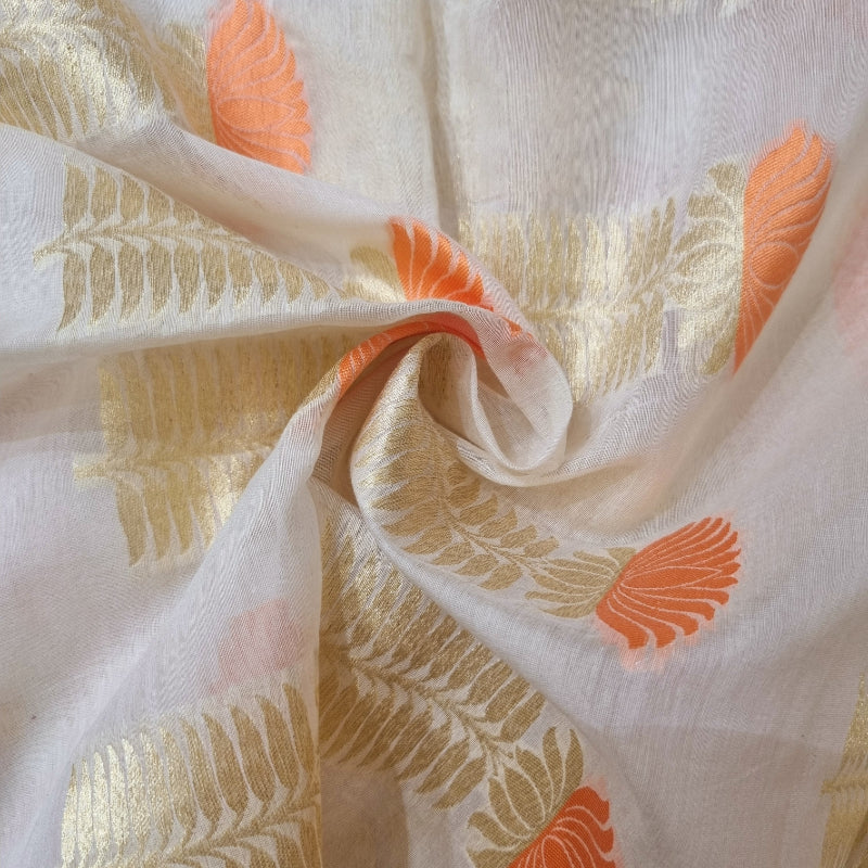 Cloud White Colour Chanderi Fabric With Orange Floral Motifs