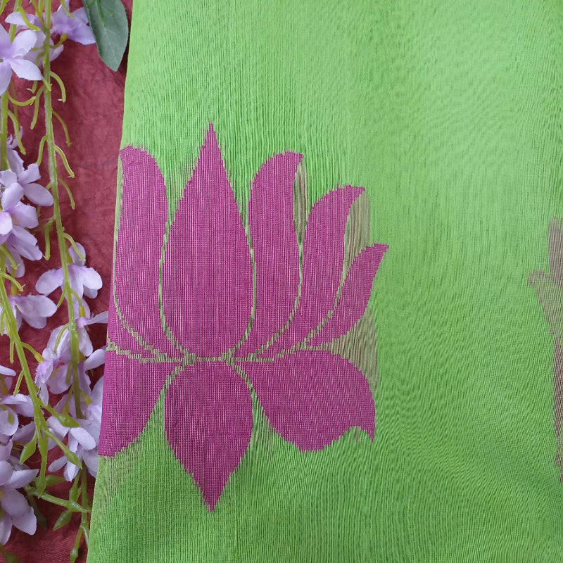 Light Lawn Green Color Chanderi Fabric With Lotus Motifs