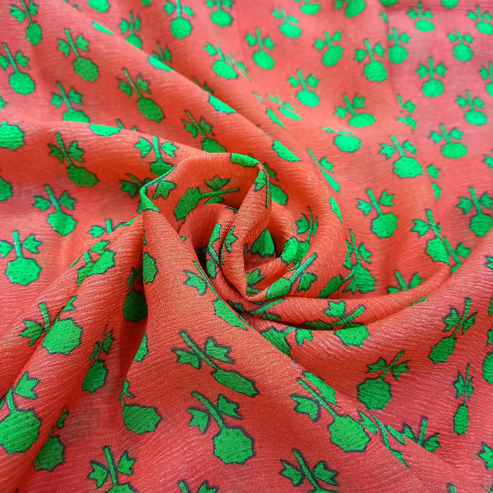 Fire Orange Color Digital Kalamkari Printed Chiffon Fabric