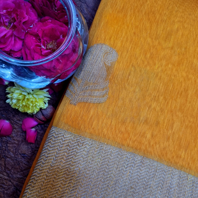Orange Color Jamawar Chanderi Silk Handloom Fabric