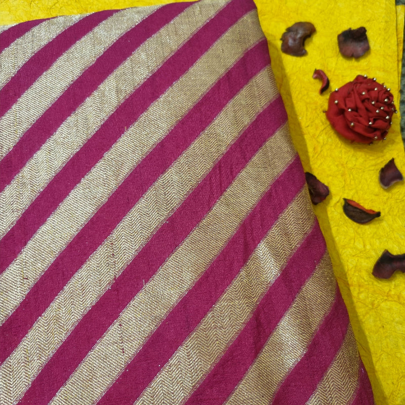 Deep Gulabi Pink And Gold Striped Brocade Silk Fabric