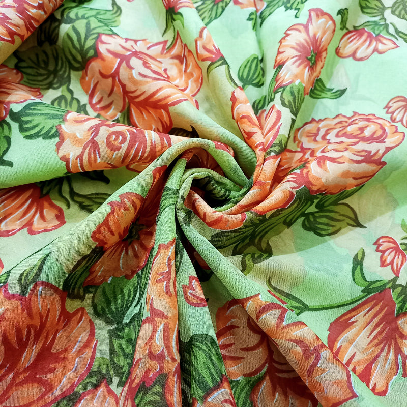 Pista Green Colour Floral Printed Silk Fabric