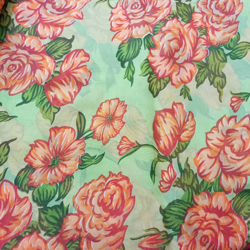 Pista Green Colour Floral Printed Silk Fabric