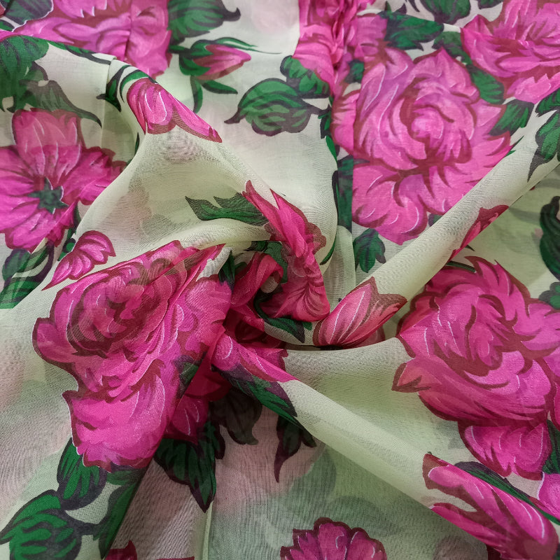 Floral Printed Pista Green Color Silk Fabric
