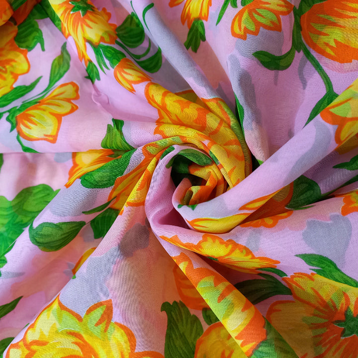 Light Pink Color Floral Printed Silk Fabric