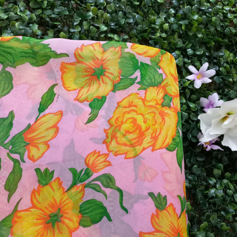 Light Pink Color Floral Printed Silk Fabric