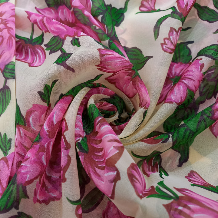Cream Colour Floral Printed Silk Fabric