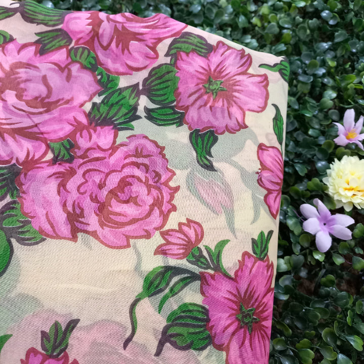 Cream Colour Floral Printed Silk Fabric