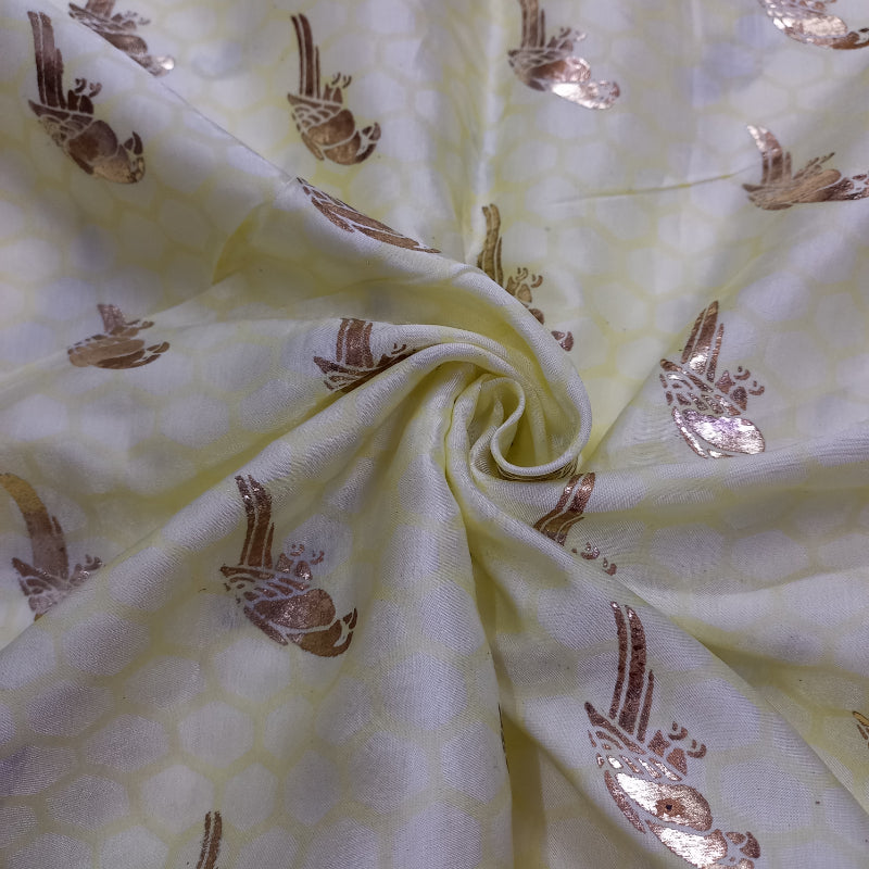 Cream Color Bird Motif Foil Printed Satin Silk Fabric