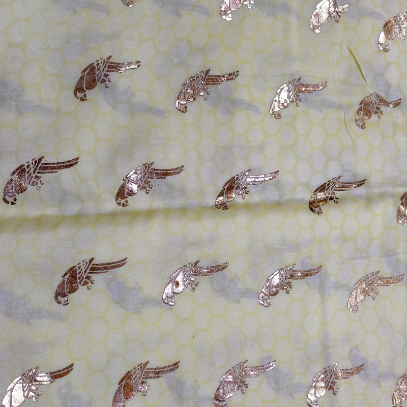 Cream Color Bird Motif Foil Printed Satin Silk Fabric