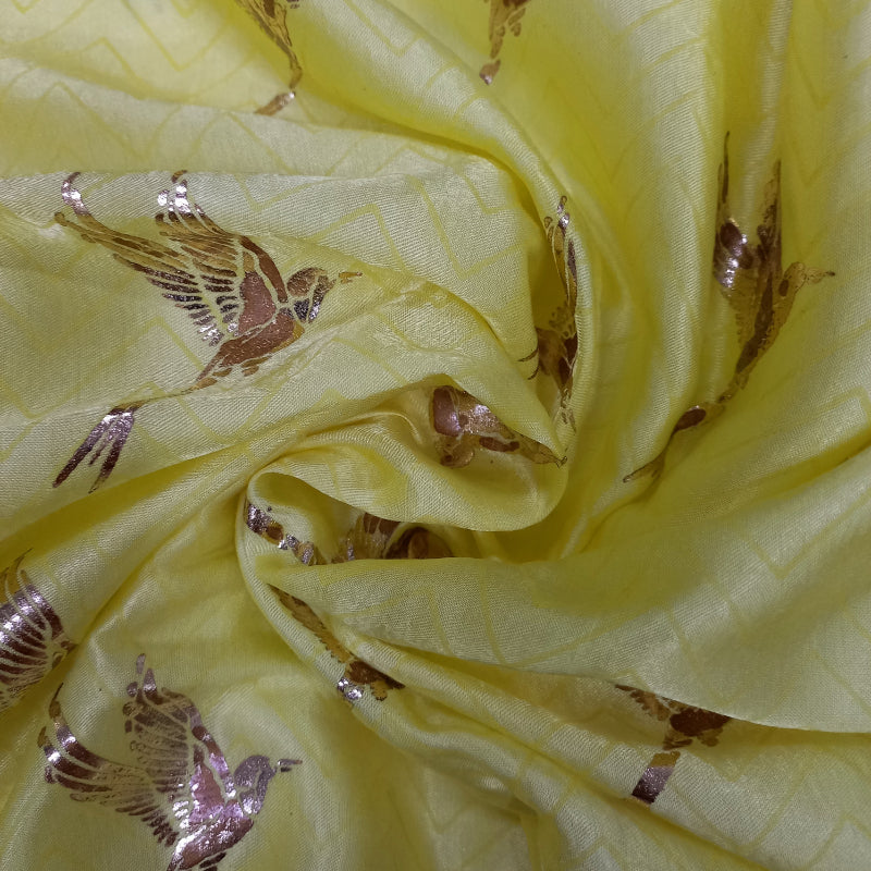 Blonde Yellow Color Bird Motif Foil Printed Satin Silk Fabric