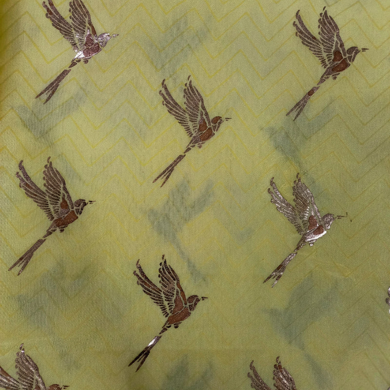 Blonde Yellow Color Bird Motif Foil Printed Satin Silk Fabric