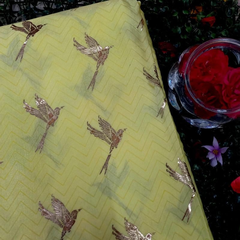 Blonde Yellow Color Bird Motif Foil Printed Satin Silk Fabric