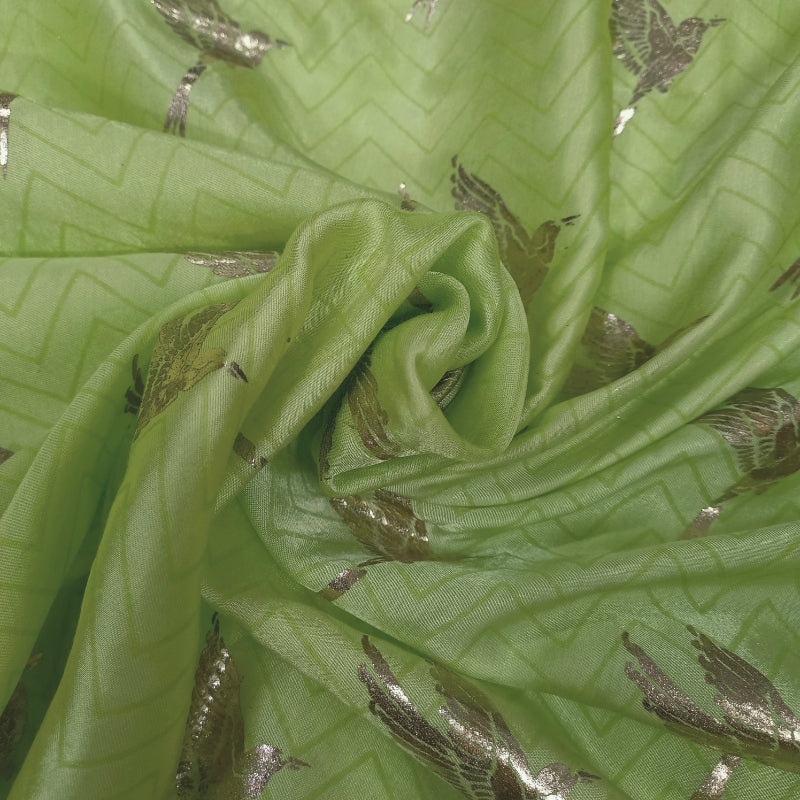 Green Lizard Color Foil Printed Satin Silk Fabric