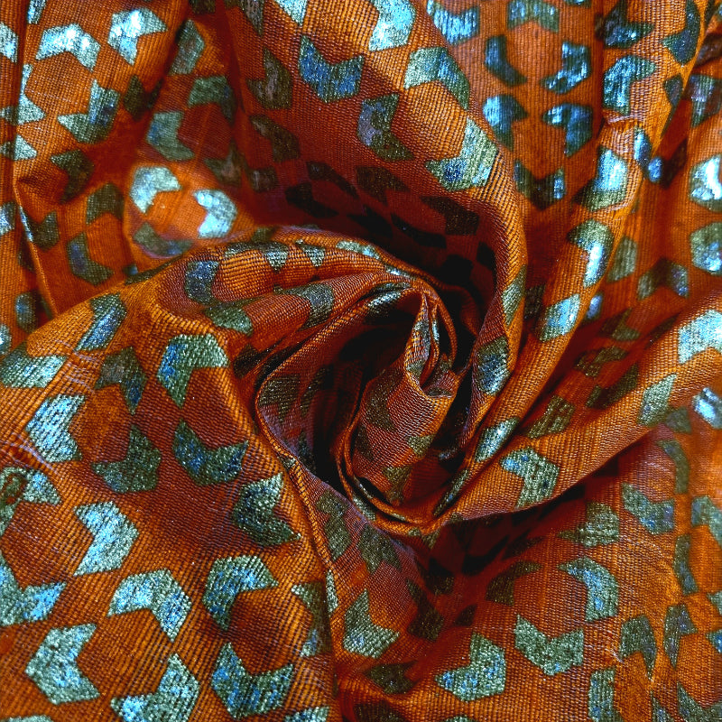 Burnt Orange Color Foil Printed Dupion Silk Fabric