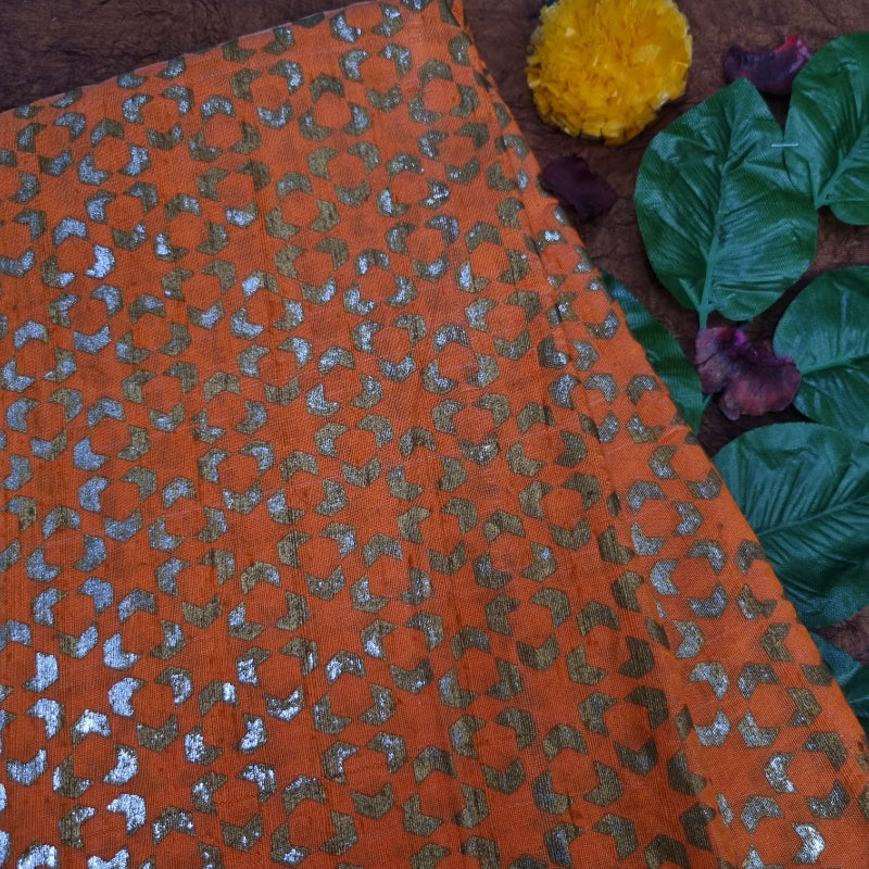 Burnt Orange Color Foil Printed Dupion Silk Fabric