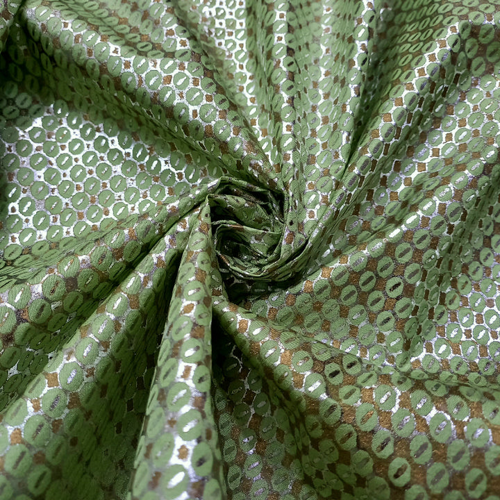 Olive Green Color Foil Printed Silk Fabric