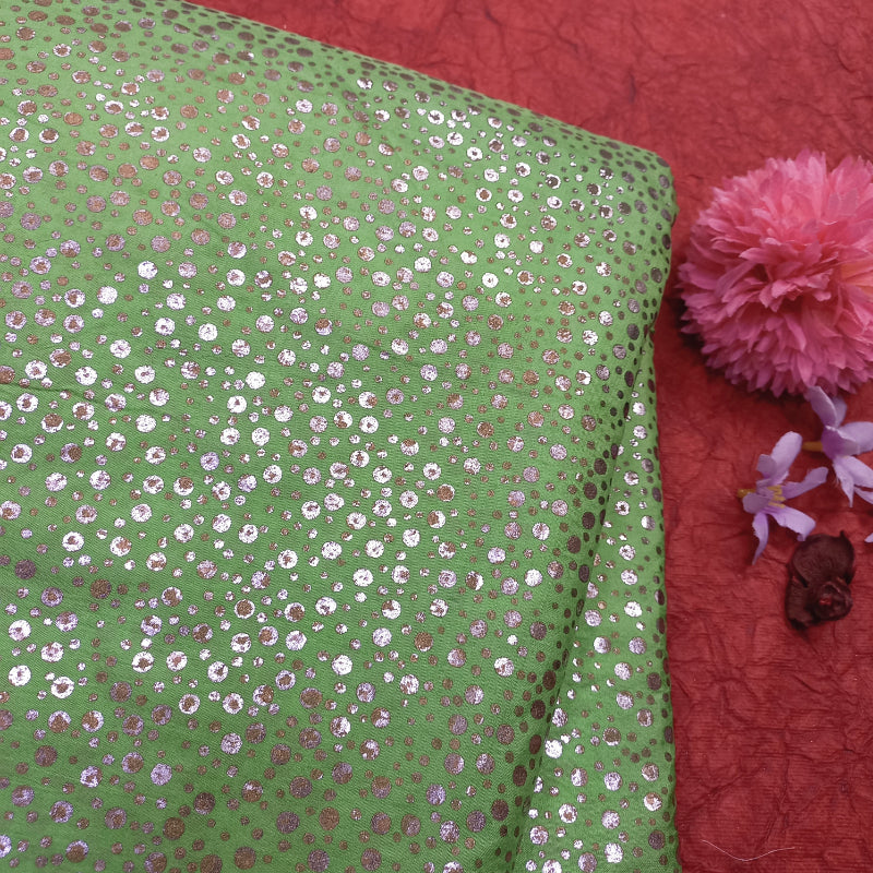 Green Color Foil Printed Silk Fabric