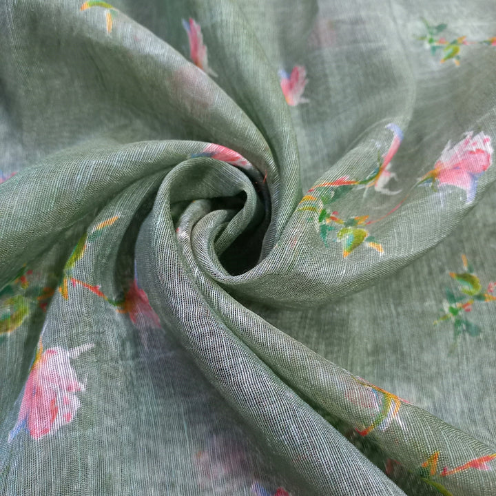 Grey Color Lenin Floral Printed Fabric