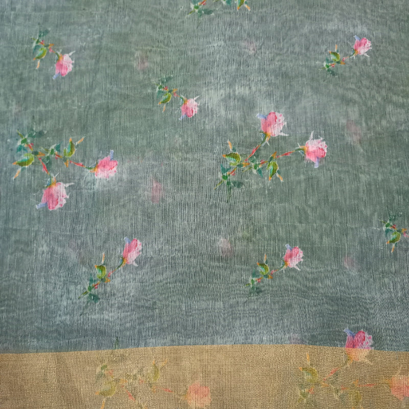 Grey Color Lenin Floral Printed Fabric