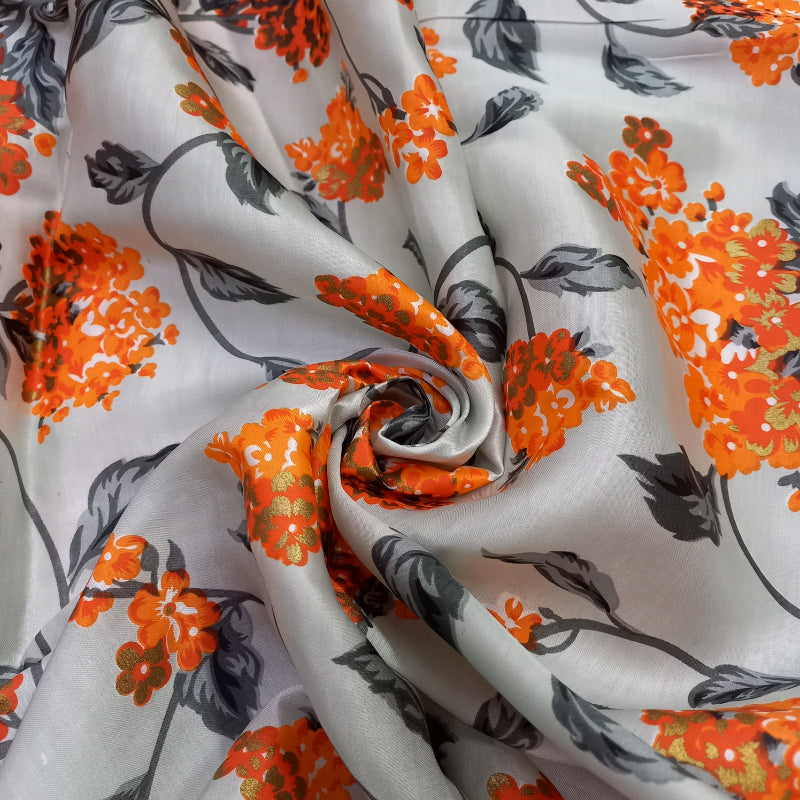 Off-White Floral Printed Satin Silk Fabric
