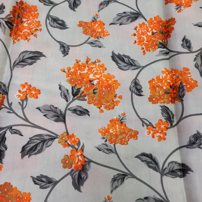 Off-White Floral Printed Satin Silk Fabric