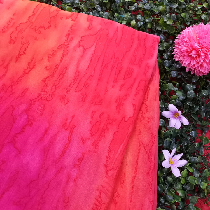 Pink-Orange Color Printed Tussar Silk Fabric