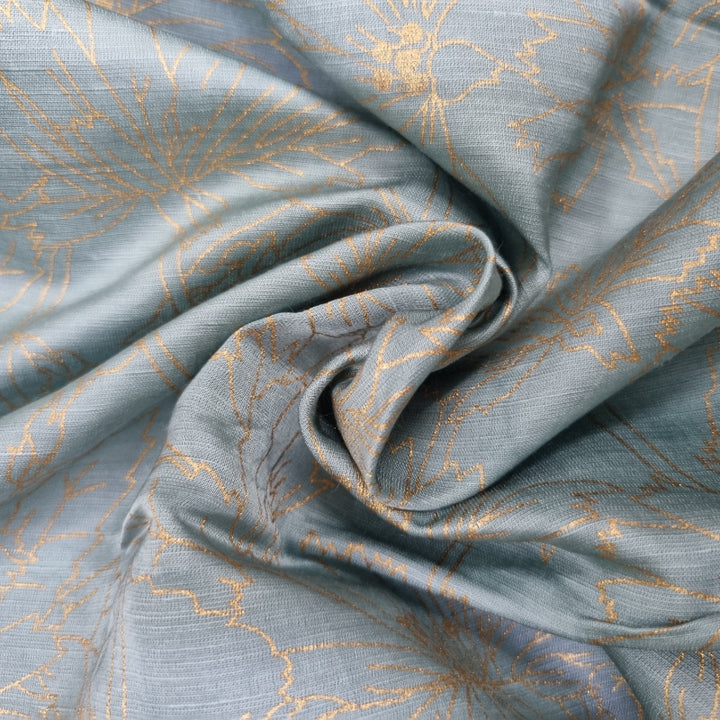 Light Blue Color Floral Foil Printed Linen Fabric